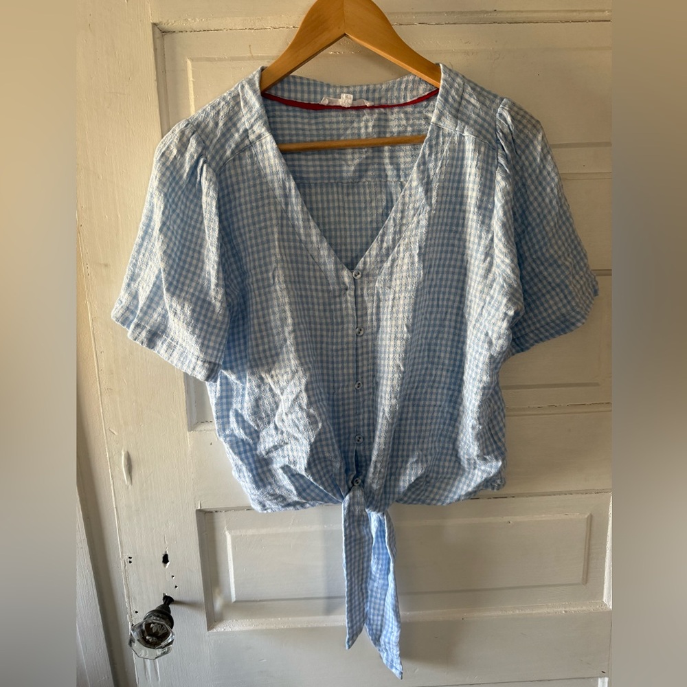 Jane and Delancey Light Blue Checkered Tie-Front Blouse